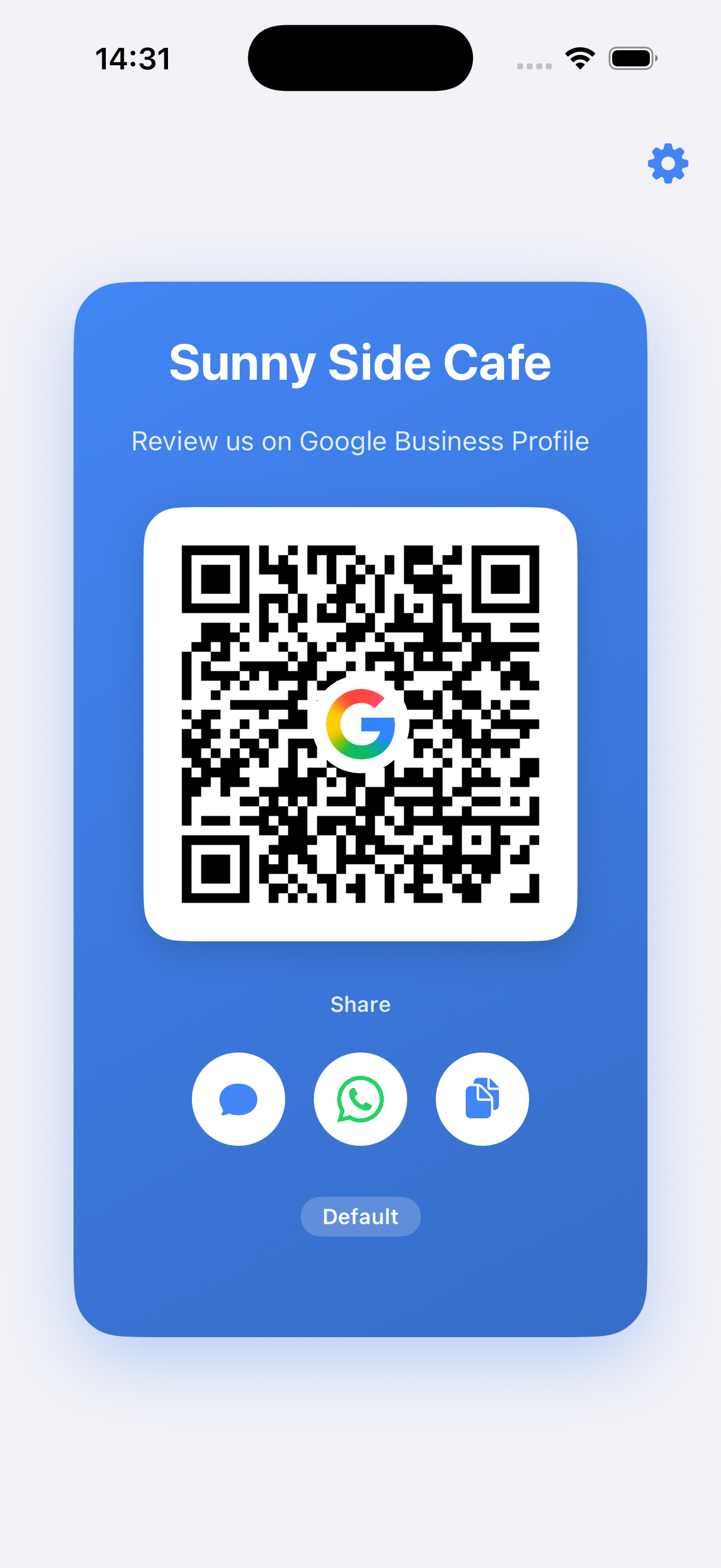 Review Card app showing a branded QR code for Google Business Profile reviews